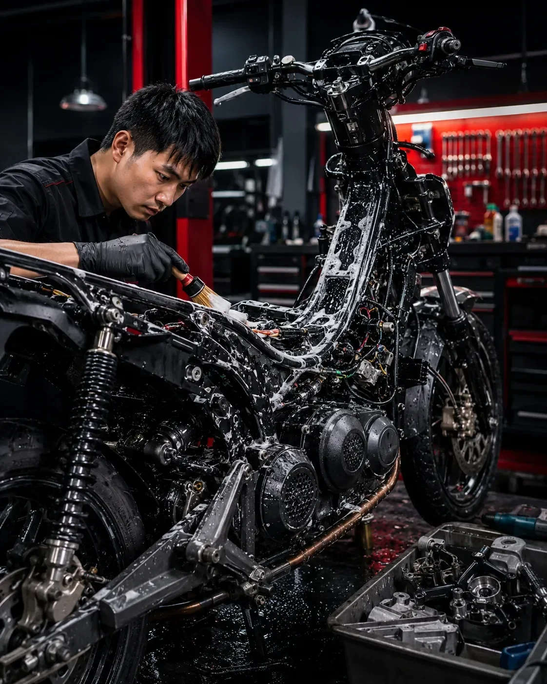Vệ sinh sâu phần khung sườn và chi tiết bên trong xe máy