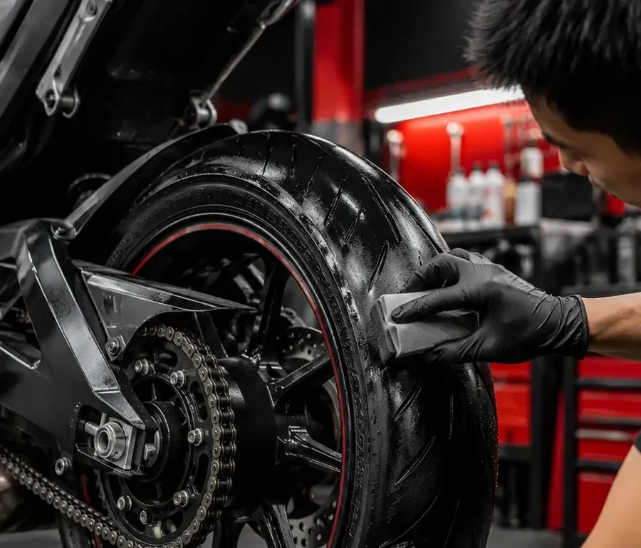 Kỹ thuật viên vệ sinh lốp và vành xe máy