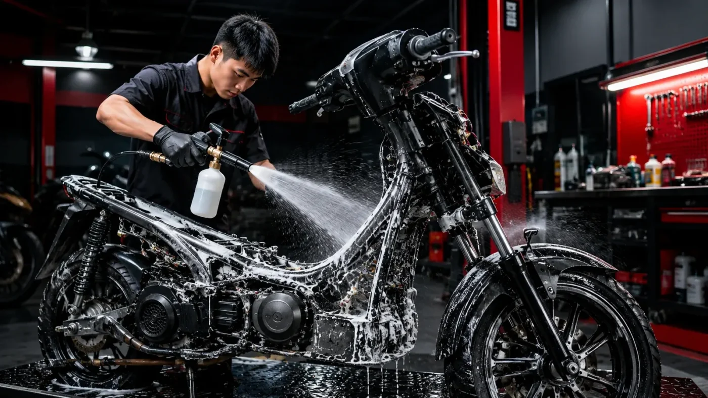 Xe máy được tháo dàn áo để vệ sinh sâu tại xưởng Xe Cưng